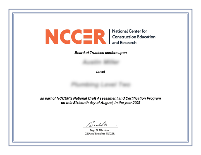 NCCER Mailed Credential Example