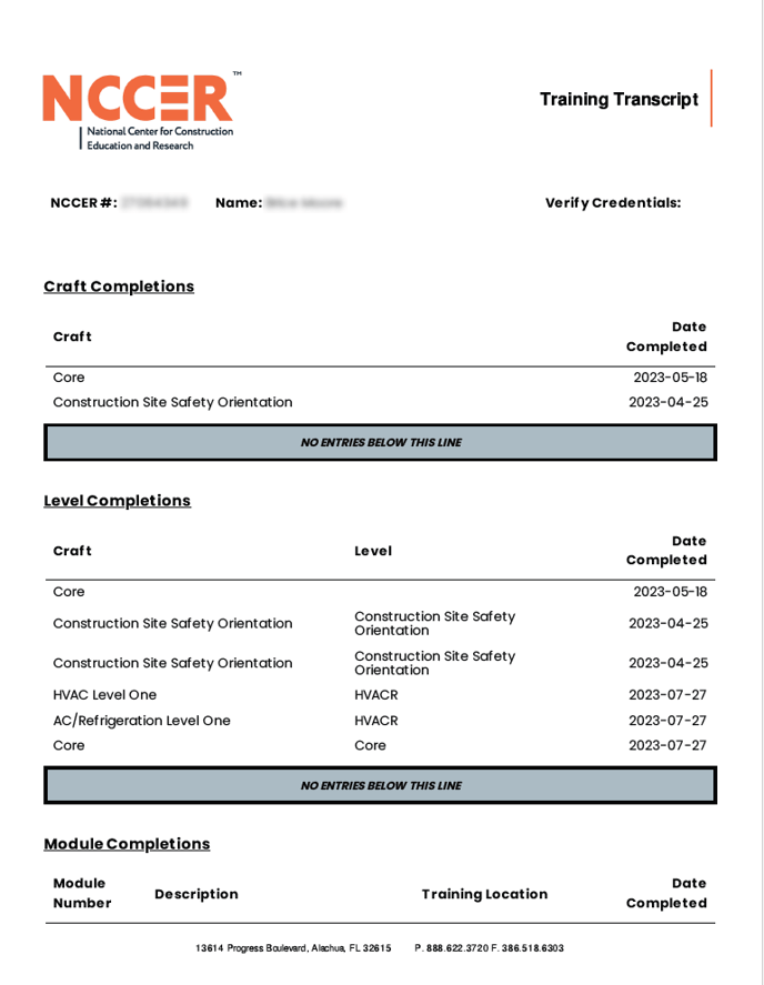 NCCER Transcript Example